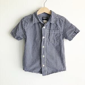 OshKosh Bgosh Gingham Shirt Boys Sz 5T Button Front Short Sleeve Navy Blue 5